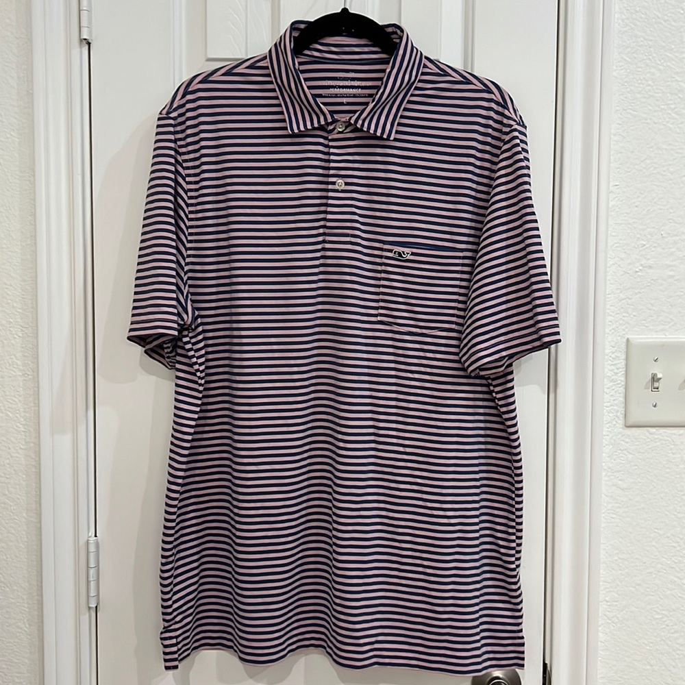 Vineyard Vines Performance Polo Pink/Navy Striped Size L